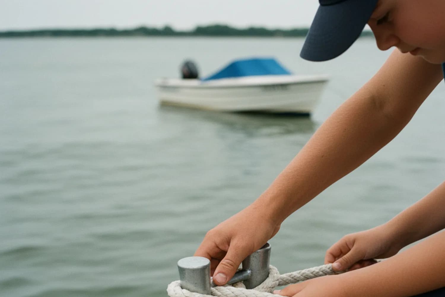 An instructor's hands guiding a child's hands as they tie a dock line to a cleat, with a small boat on calm grey-green water behind